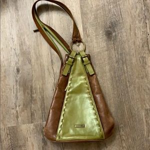 Joanel backpack shoulder handbag, brown leather, medium size, green and brown.